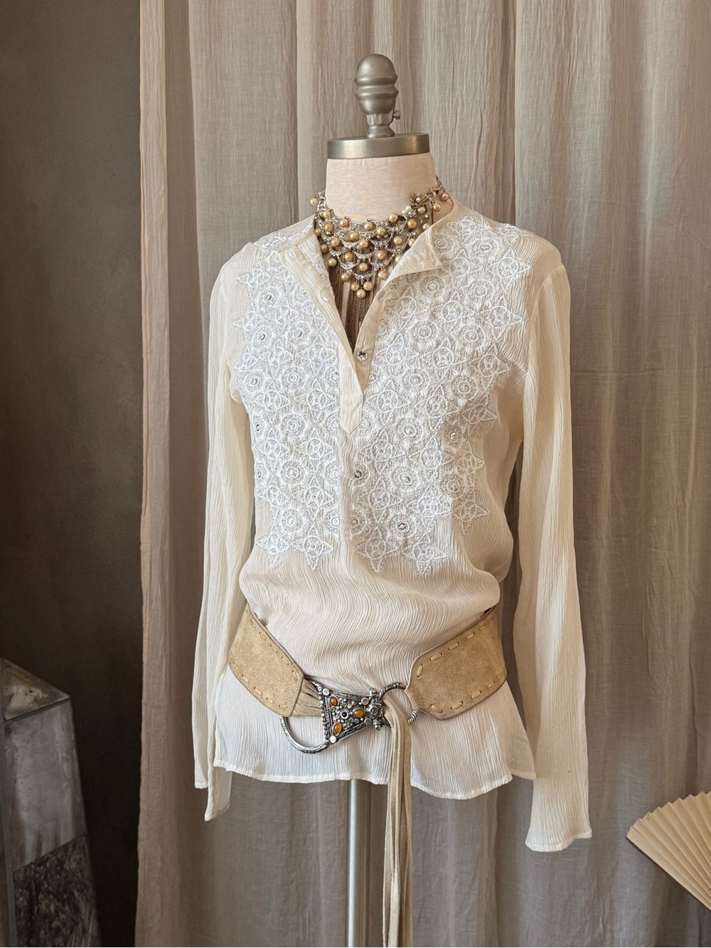 True vintage y2k cream 100% silk semi-sheer blouse embroidered floral sequins